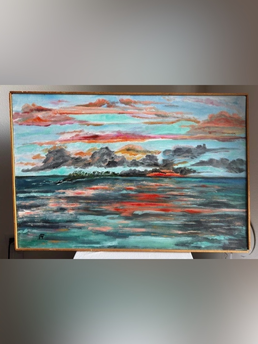 Impessionism Ocean Sunset Painting Framed Blue & Red